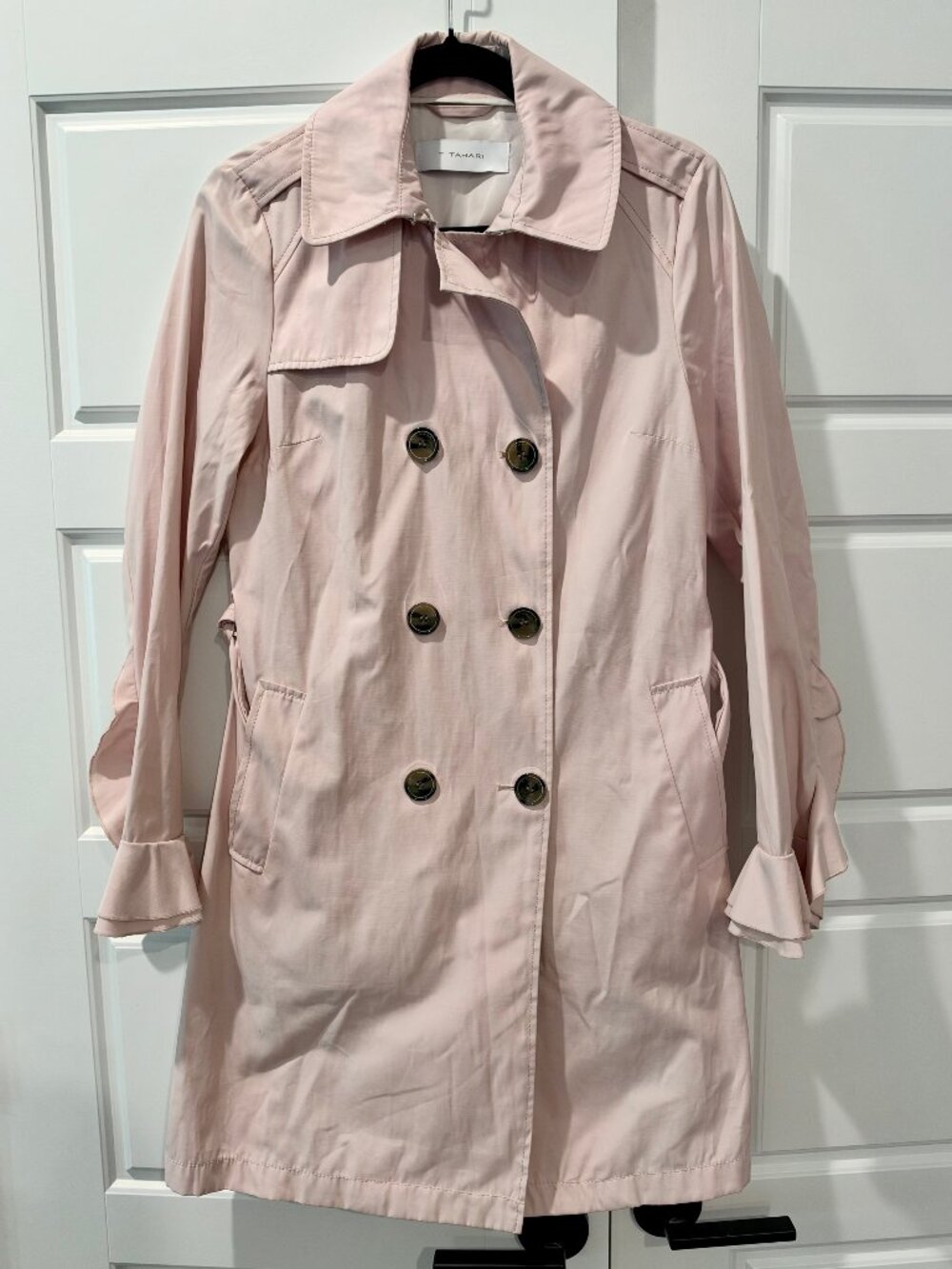 T Tahari Belted Double Breasted Trench Coat Soft‎ Pink Classic Ruffles Belt